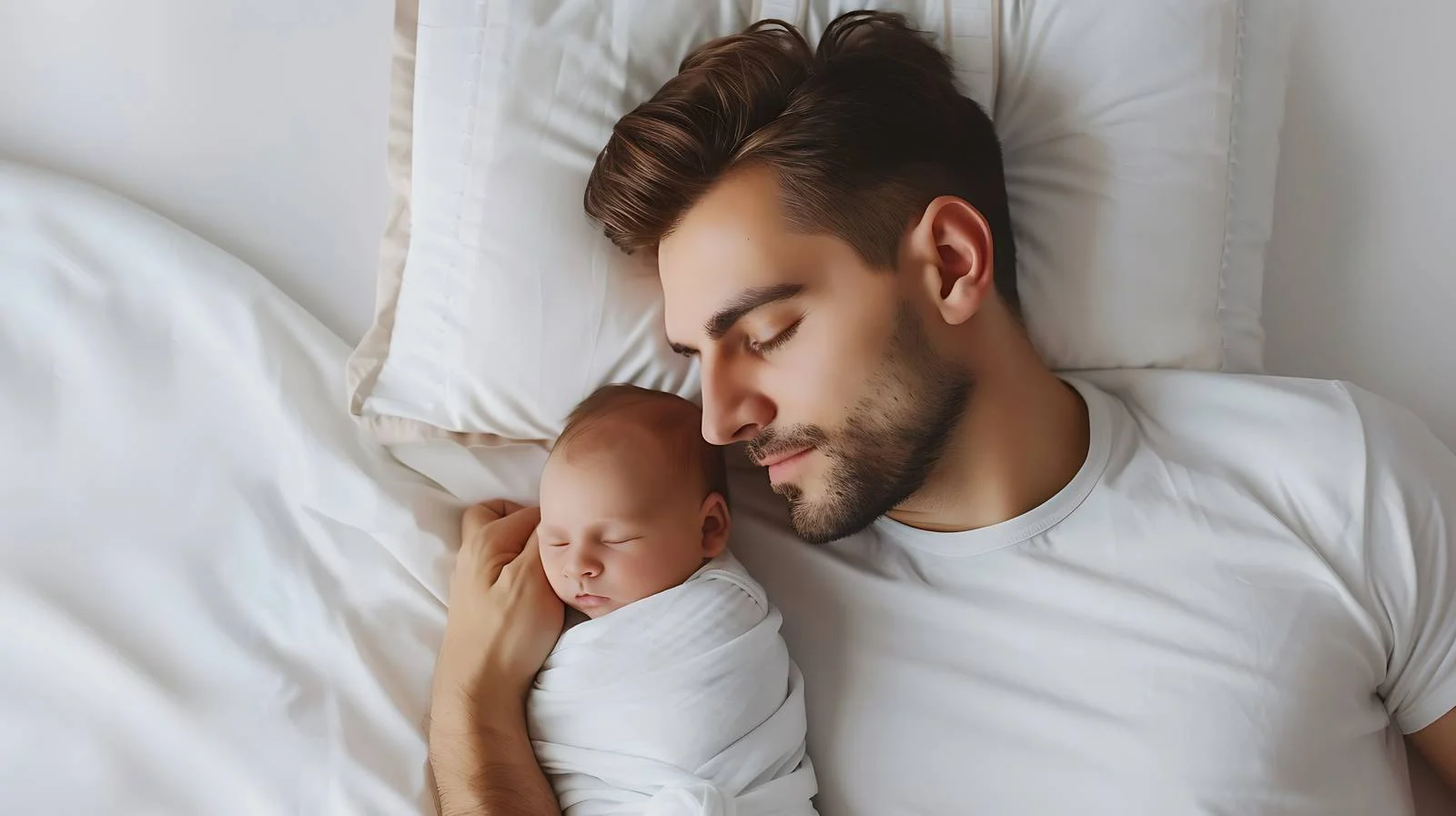 Father peacefully holds newborn baby in bed — free download from Dotvec