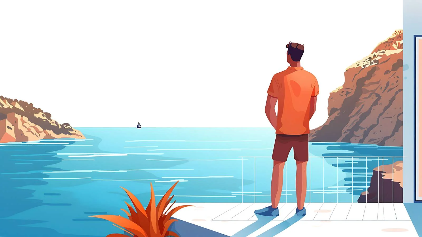 Man at Hotel Observing Calm Sea — free download from Dotvec