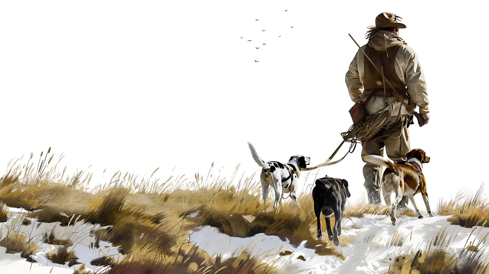 Hunter with dogs hunting upland birds on plains — free download from Dotvec