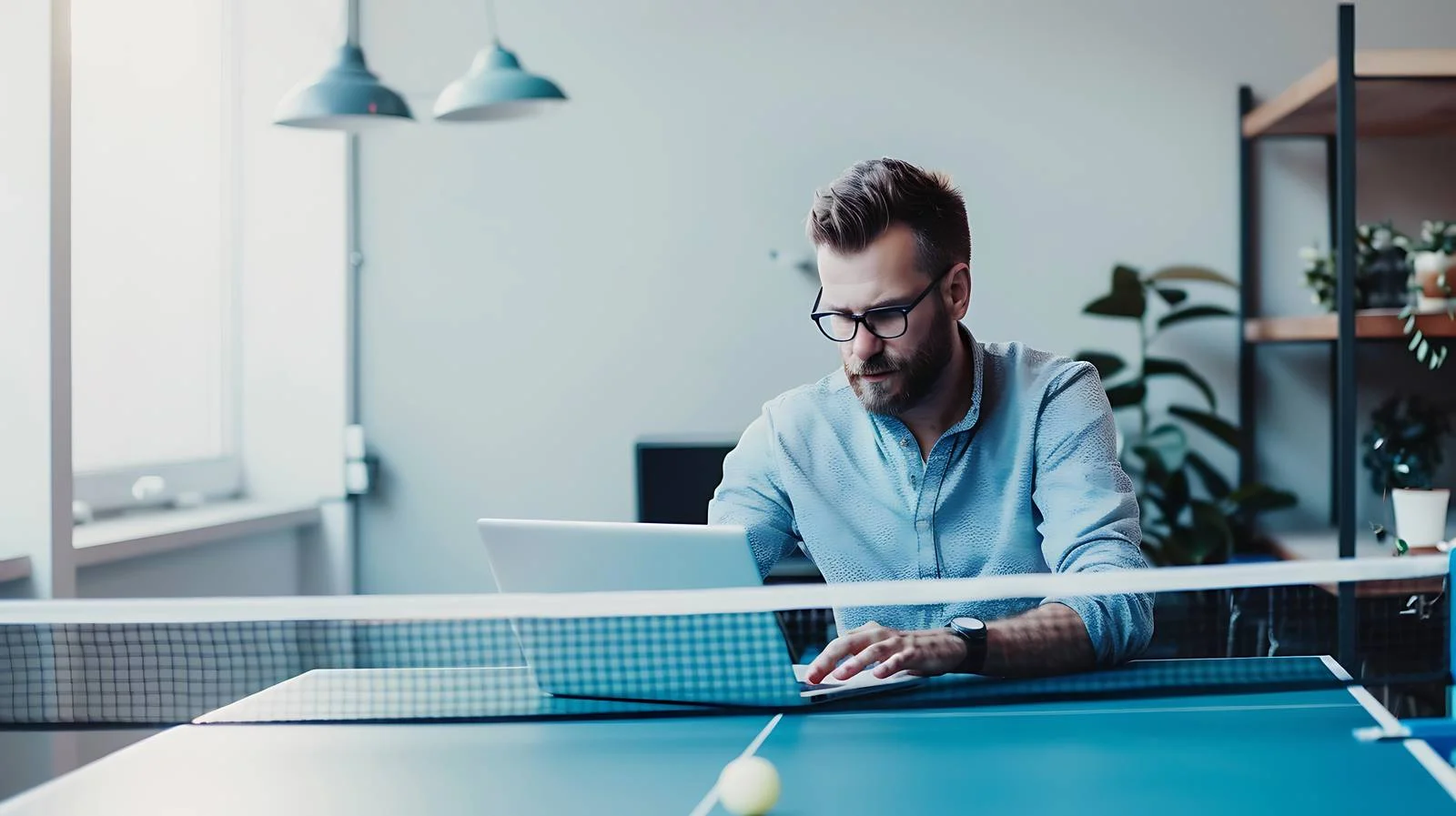Man with Laptop in Modern Break Room — free download from Dotvec
