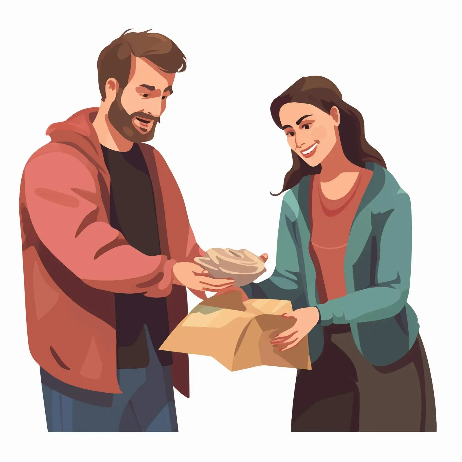 Volunteer Donating to Homeless Woman Cartoon Illustration — free download from Dotvec