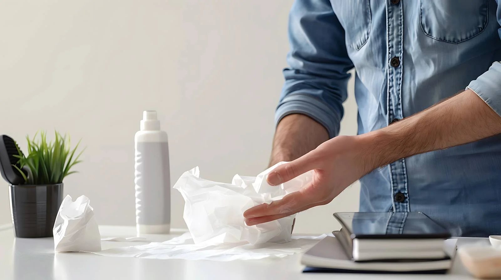 Man Cleaning Hands with Tissues at Desk — free download from Dotvec