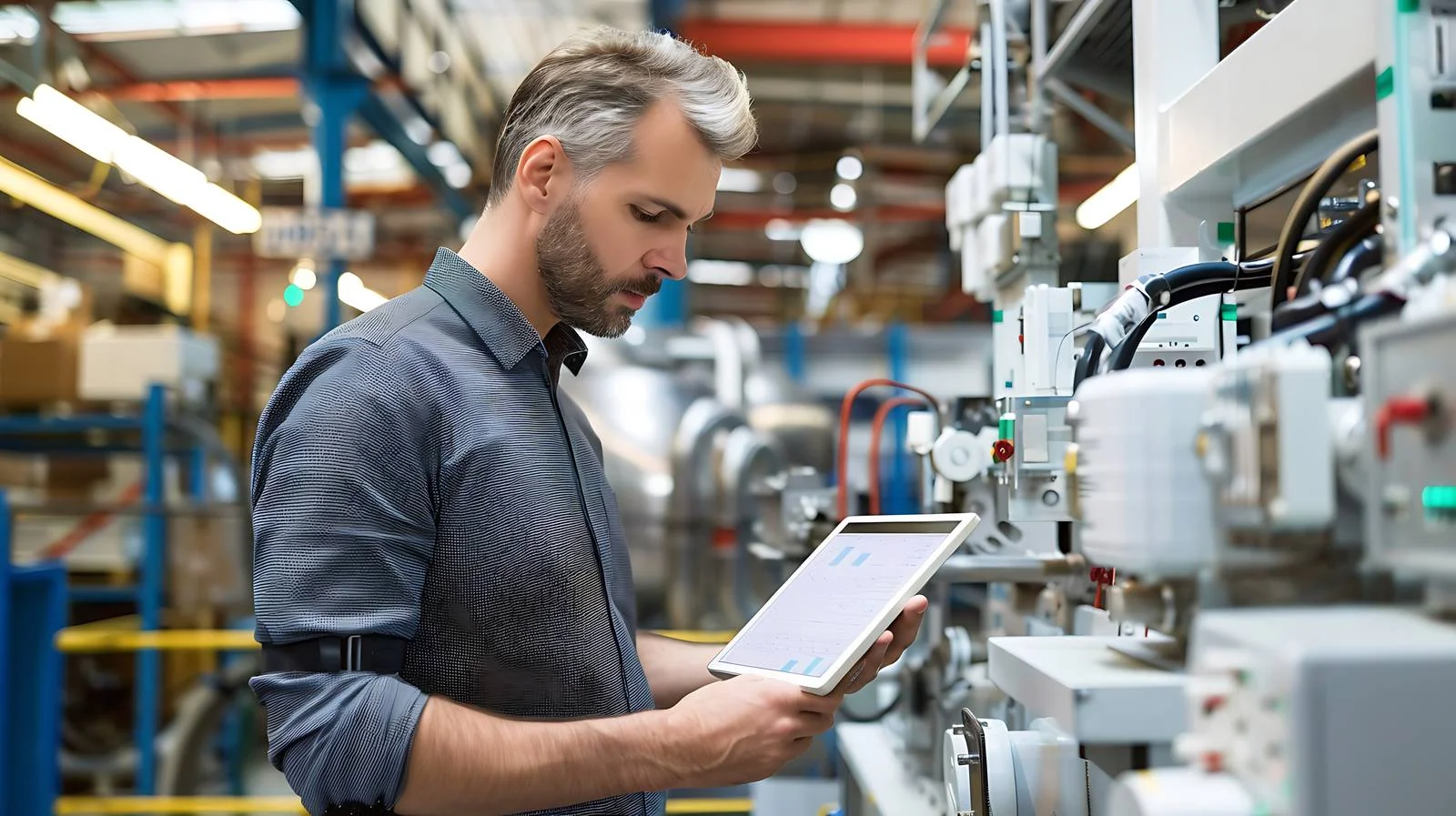 Factory worker inspecting machinery in modern plant — free download from Dotvec
