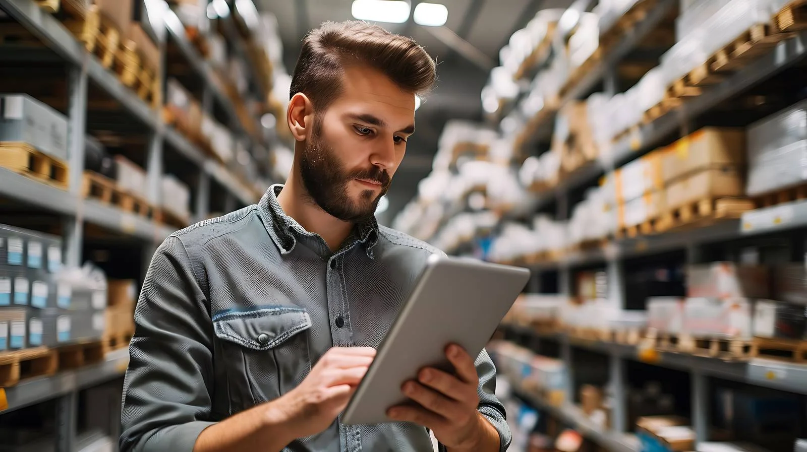Manager using tablet in industrial storeroom — free download from Dotvec