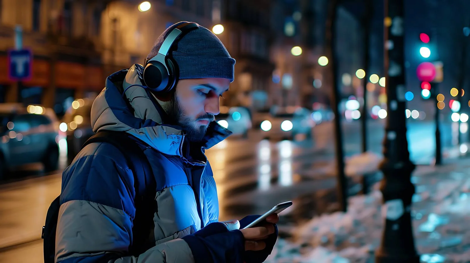 Man Using Wireless Headphones and Smartphone — free download from Dotvec