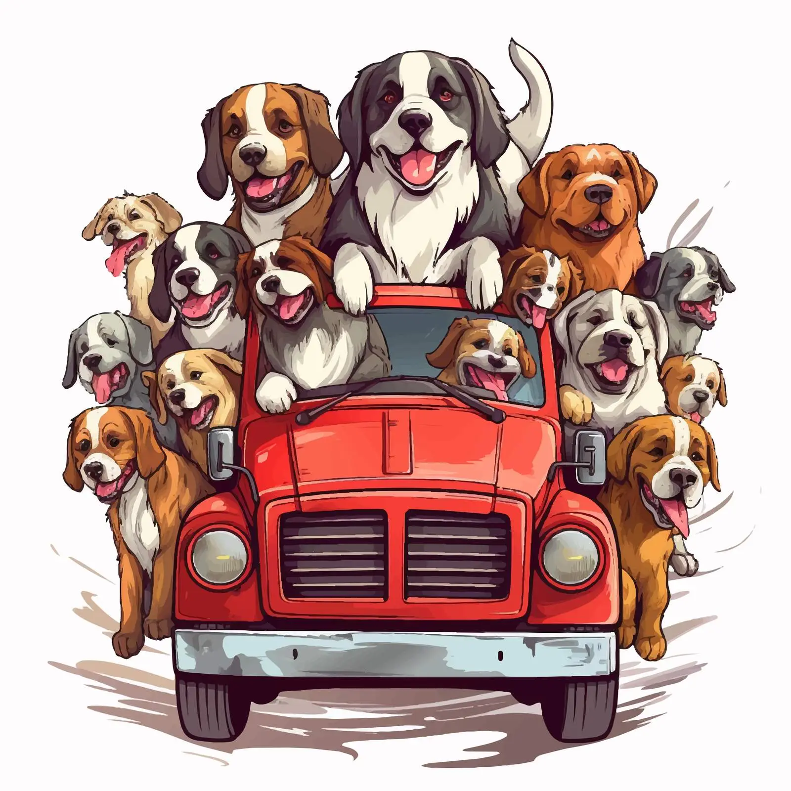 Playful Dogs Riding on Red Truck Illustration — free download from Dotvec