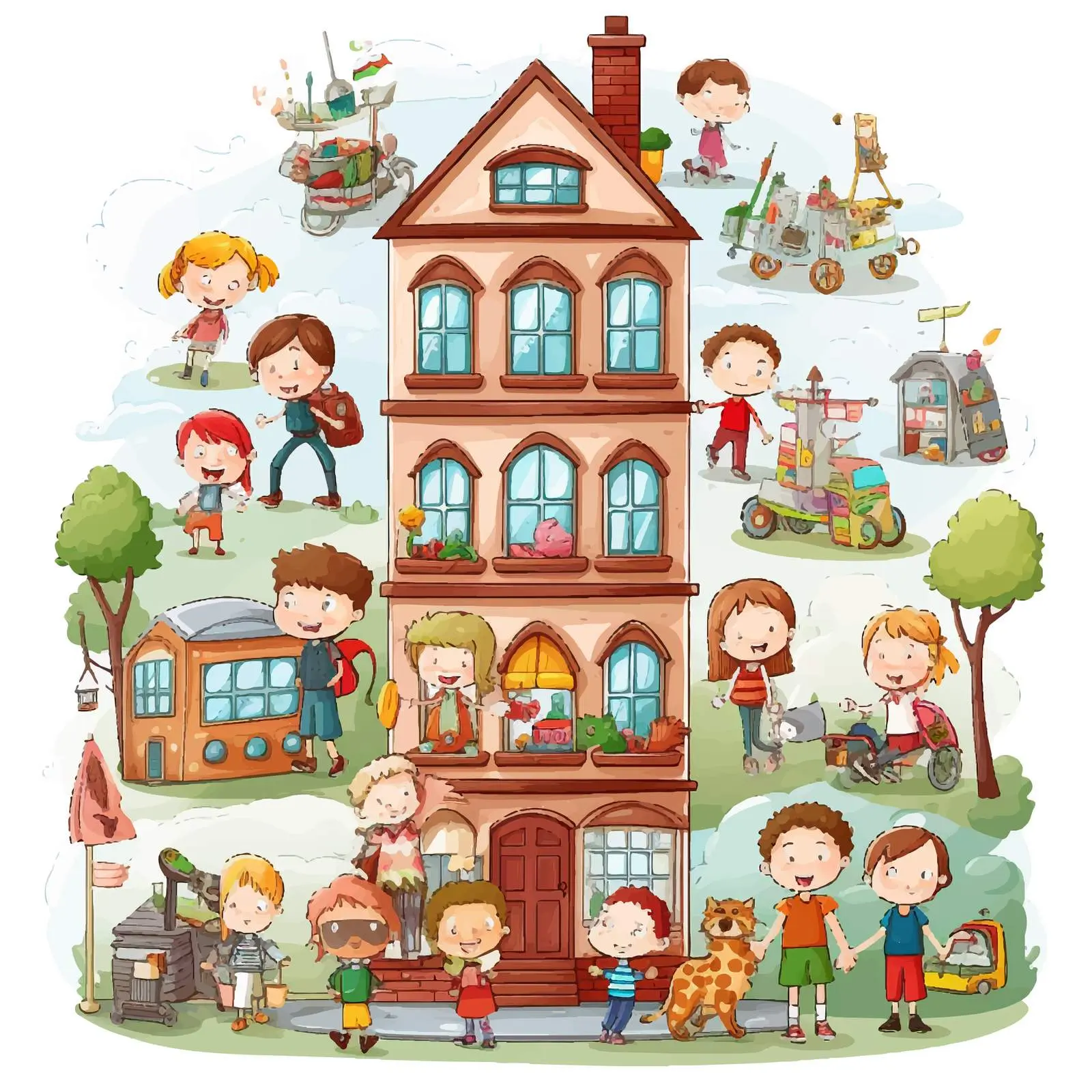 Kids Engaging in Various Activities Around Building — free download from Dotvec