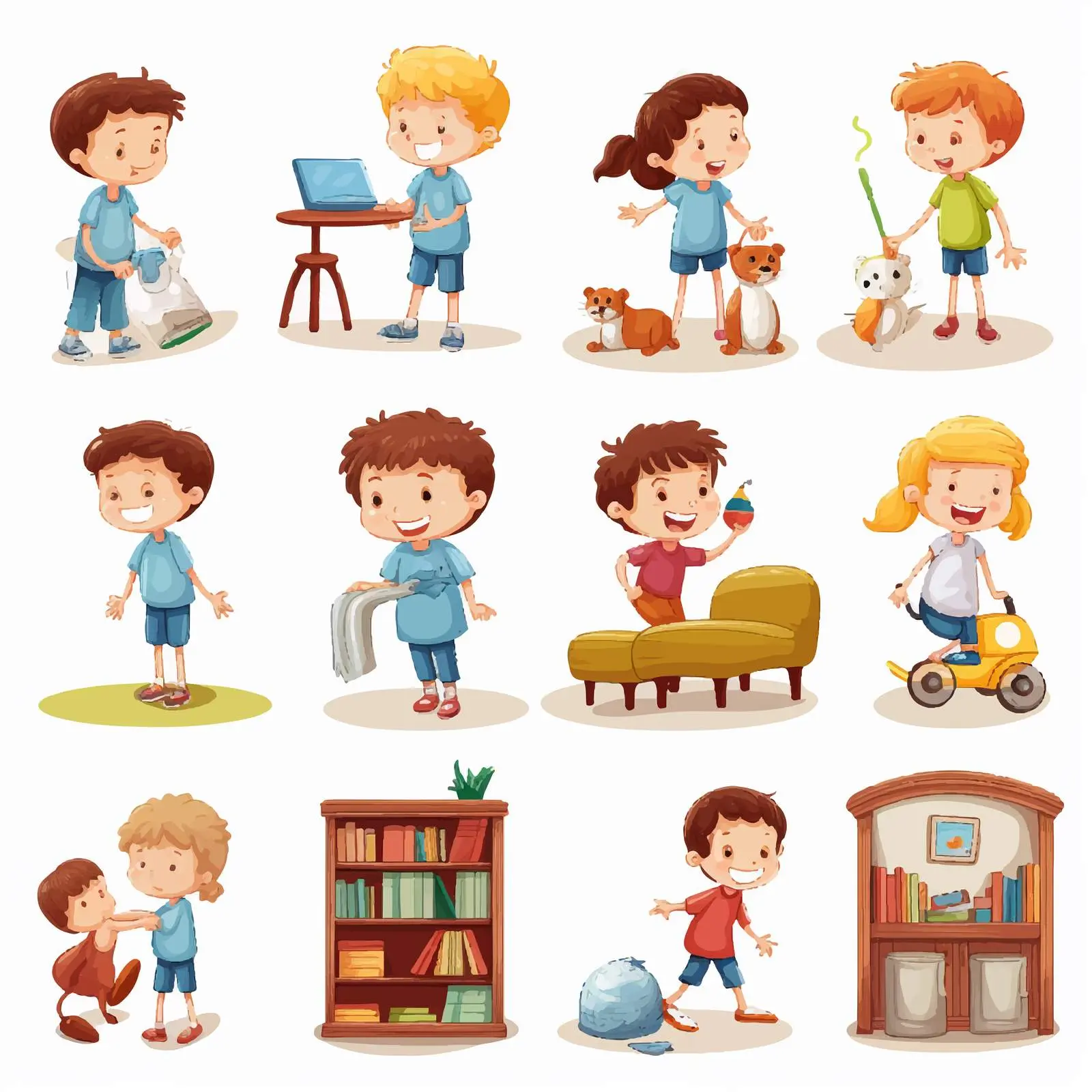 Kids Engaged in Various House Activities Illustration — free download from Dotvec
