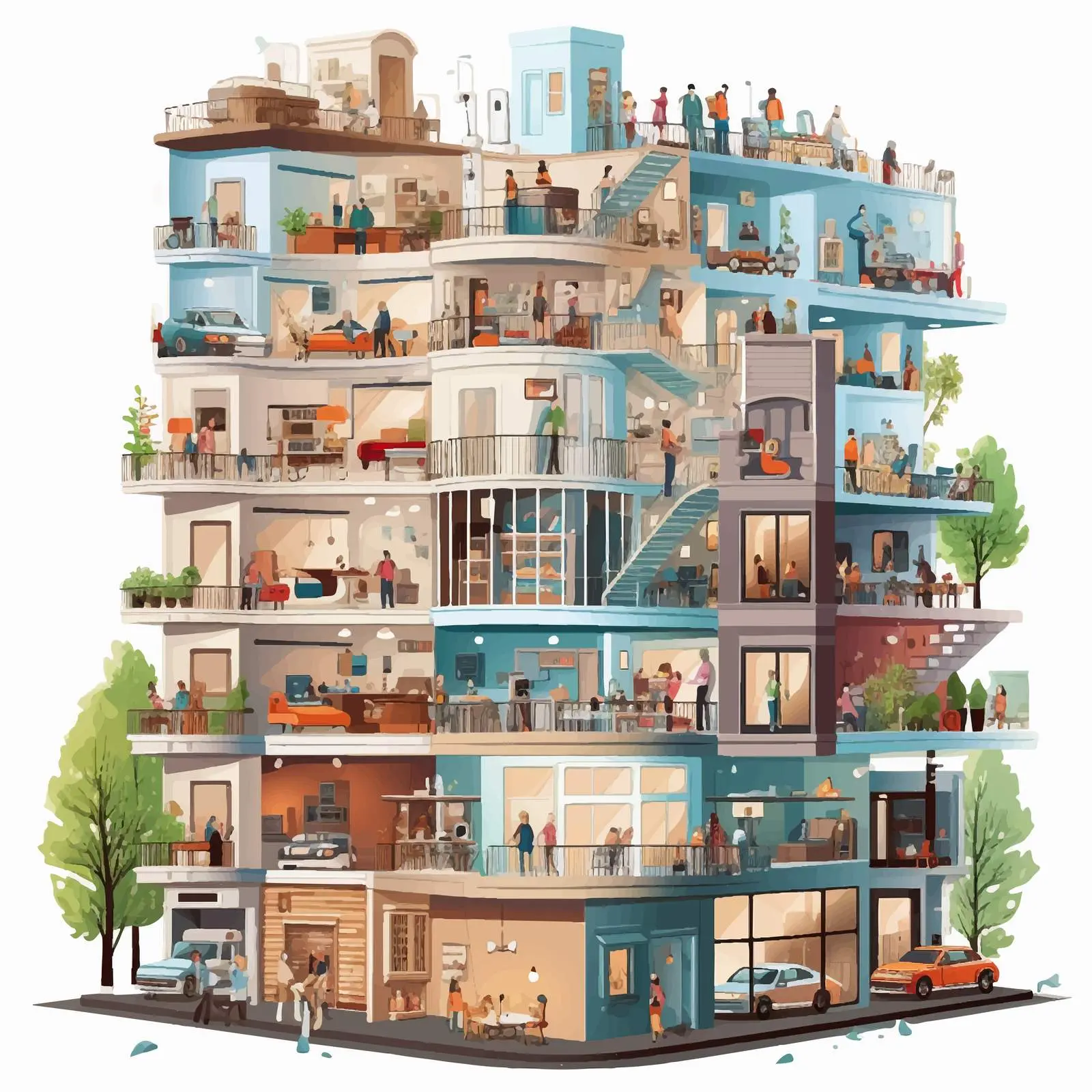 Many People in a Large Apartment Illustration – free cohabitation image from Dotvec