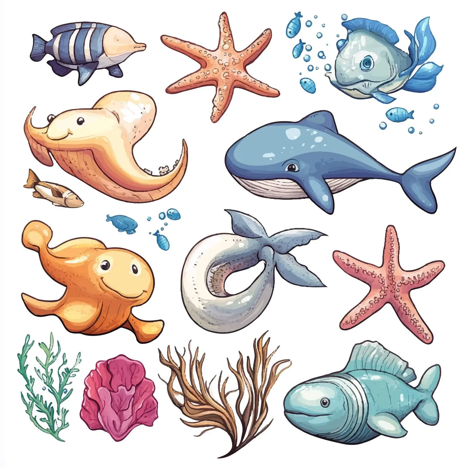 Colorful Cartoon Marine Animals Vector Set – free octopus image from Dotvec