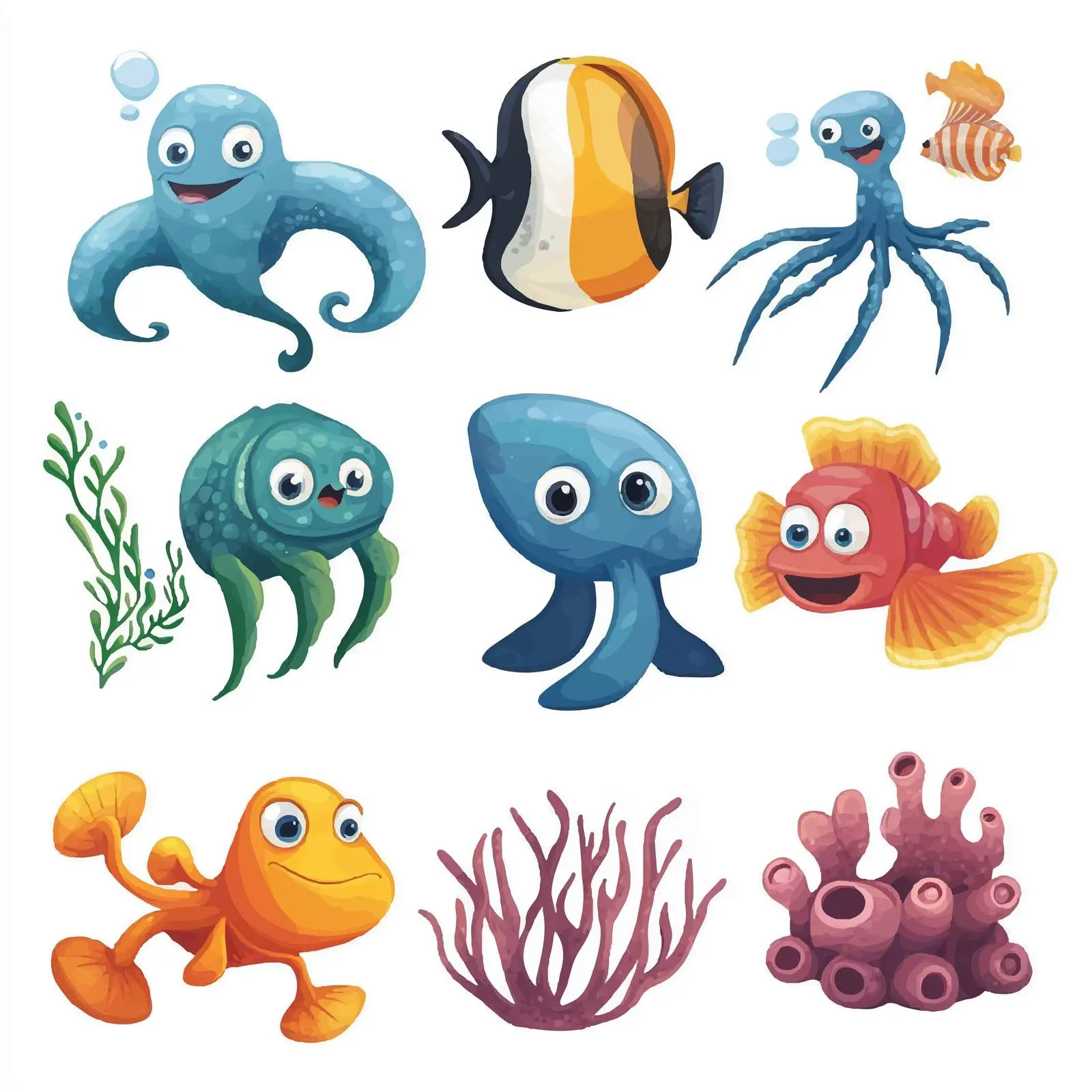 Cartoon Marine Animals Vector Illustration Set – free octopus image from Dotvec