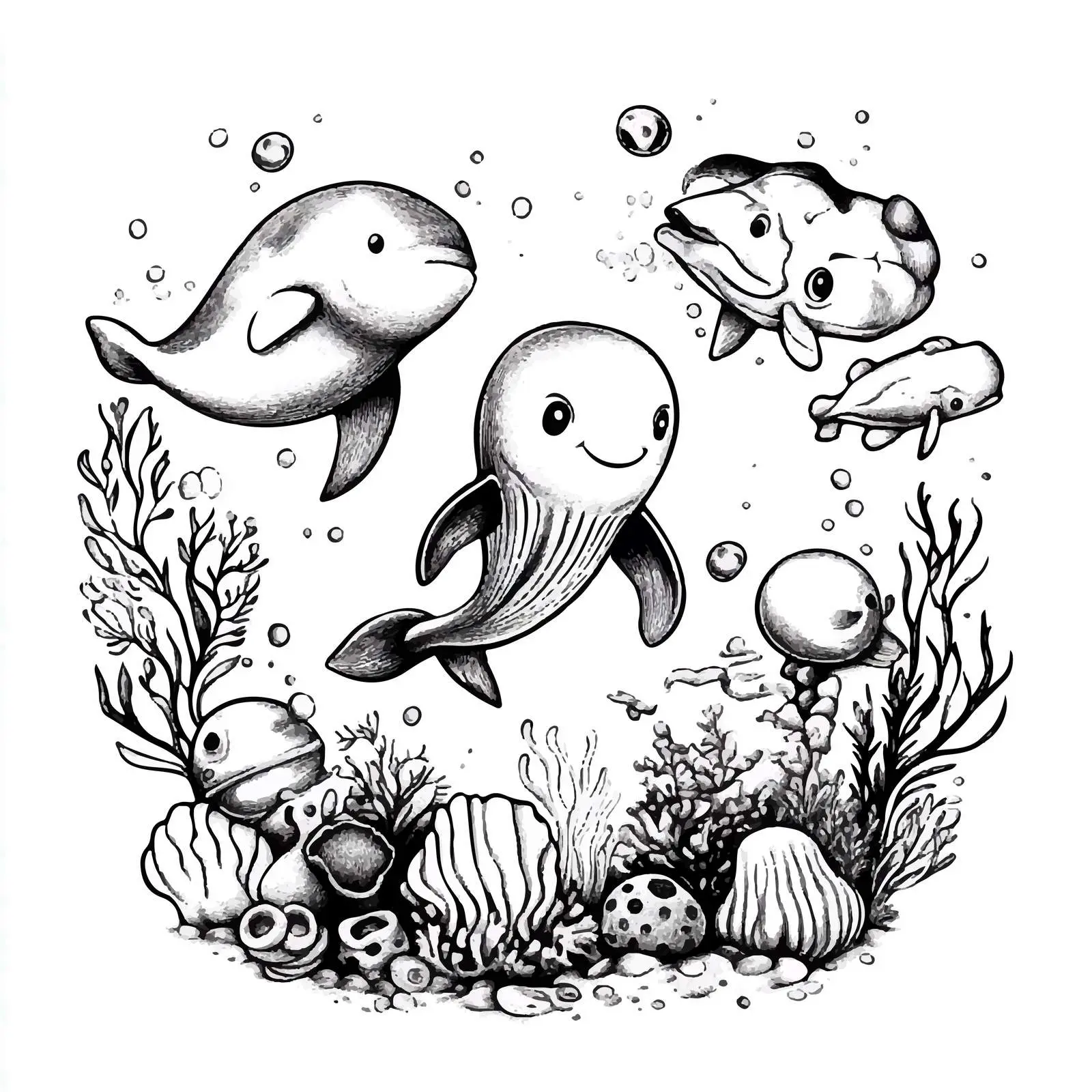 Monochrome Cartoon Marine Animals Vector Drawing – free nautical art image from Dotvec