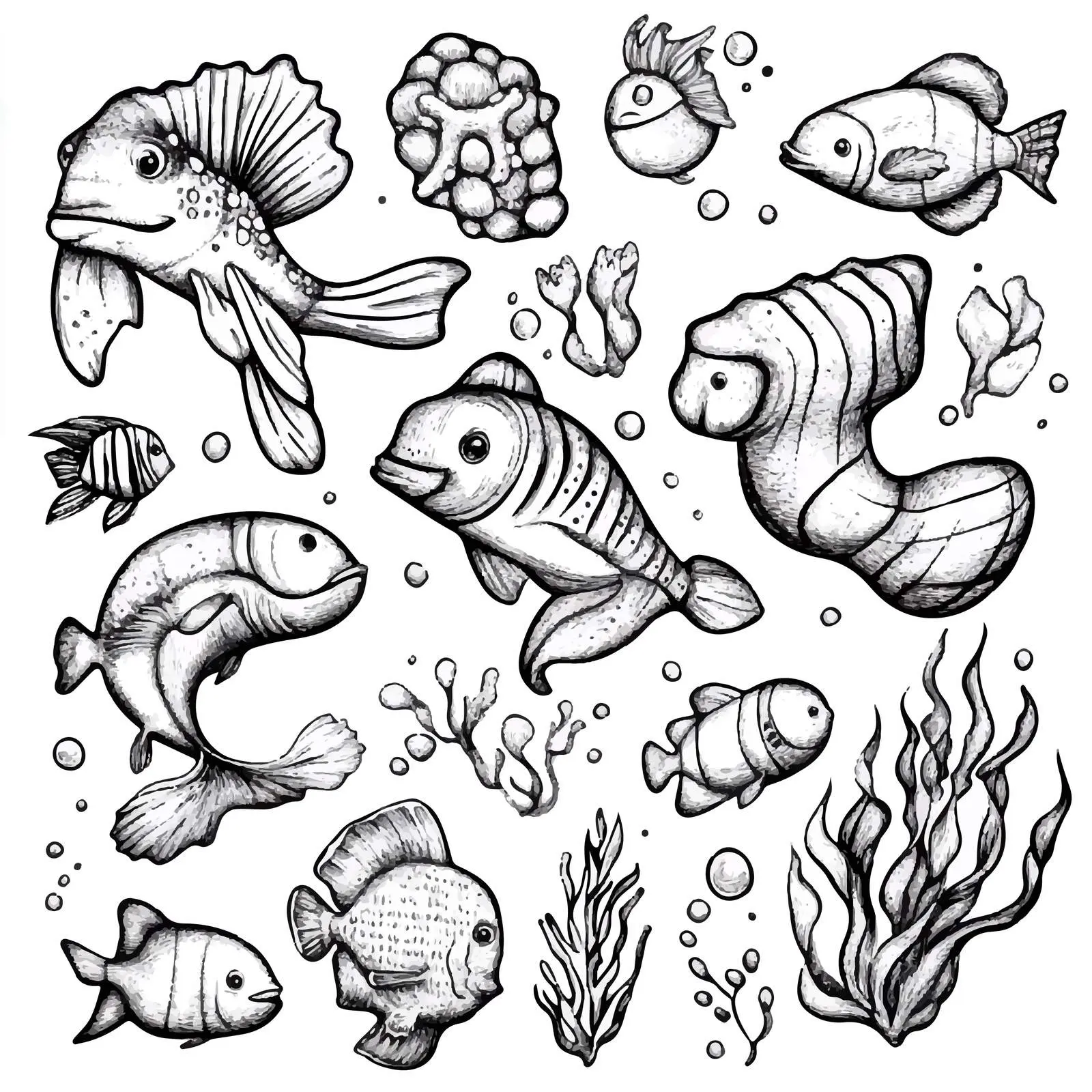 Monochrome Cartoon Style Marine Animals Vector Art — free download from Dotvec