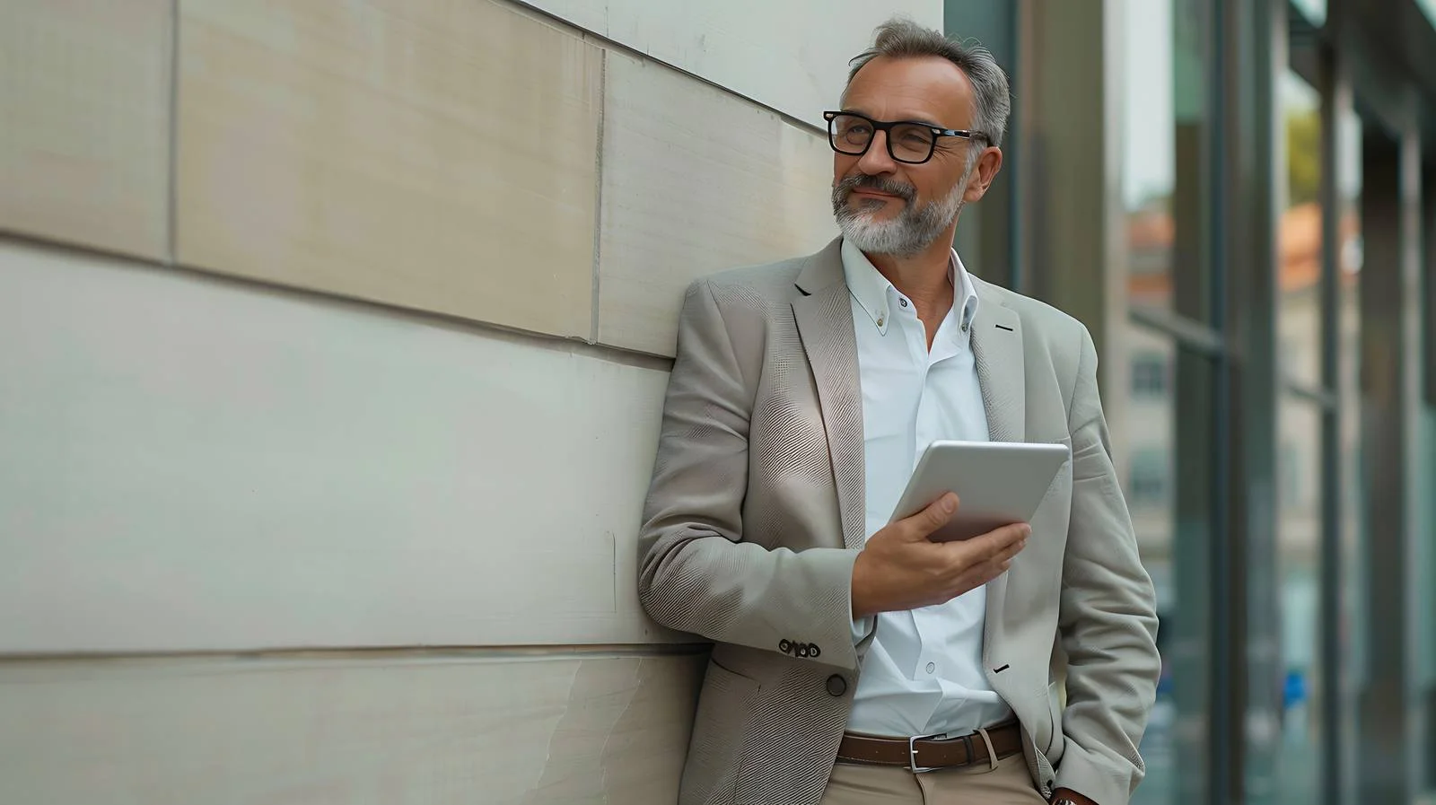 Confident Businessman with Tablet at Building — free download from Dotvec