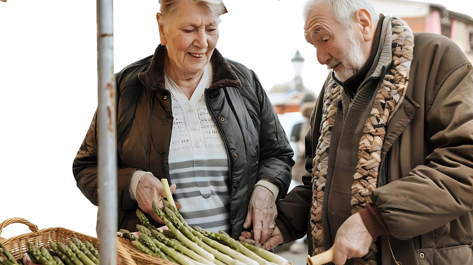Elderly couple selecting asparagus at local market – free asparagus image from Dotvec