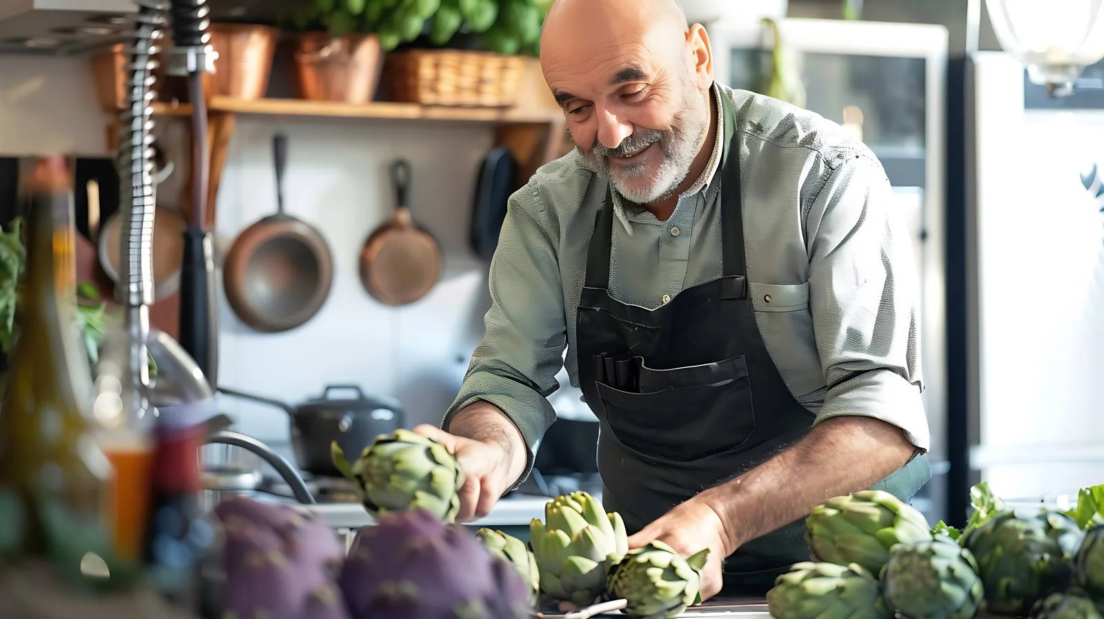 Mature Man Preparing Artichokes in Kitchen — free download from Dotvec