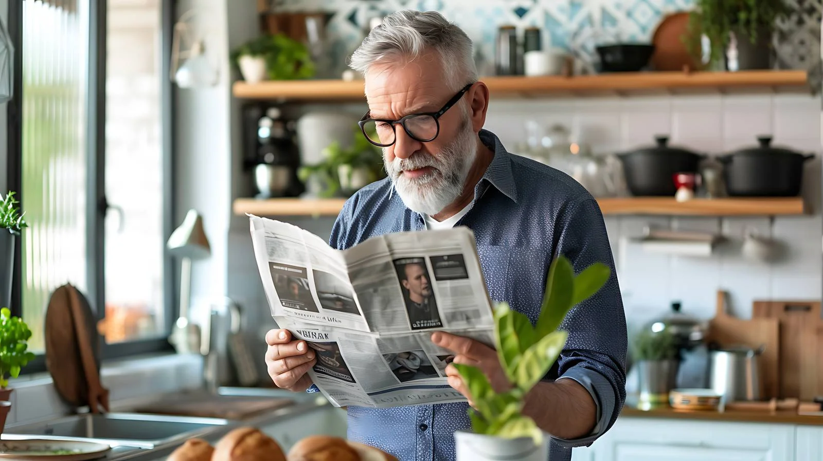 Mature Man Reading Newspaper in Kitchen — free download from Dotvec