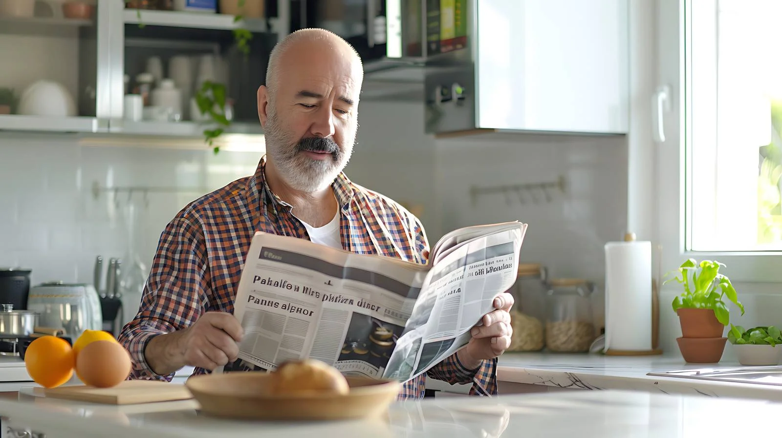 Senior Man Reading Newspaper in Kitchen — free download from Dotvec