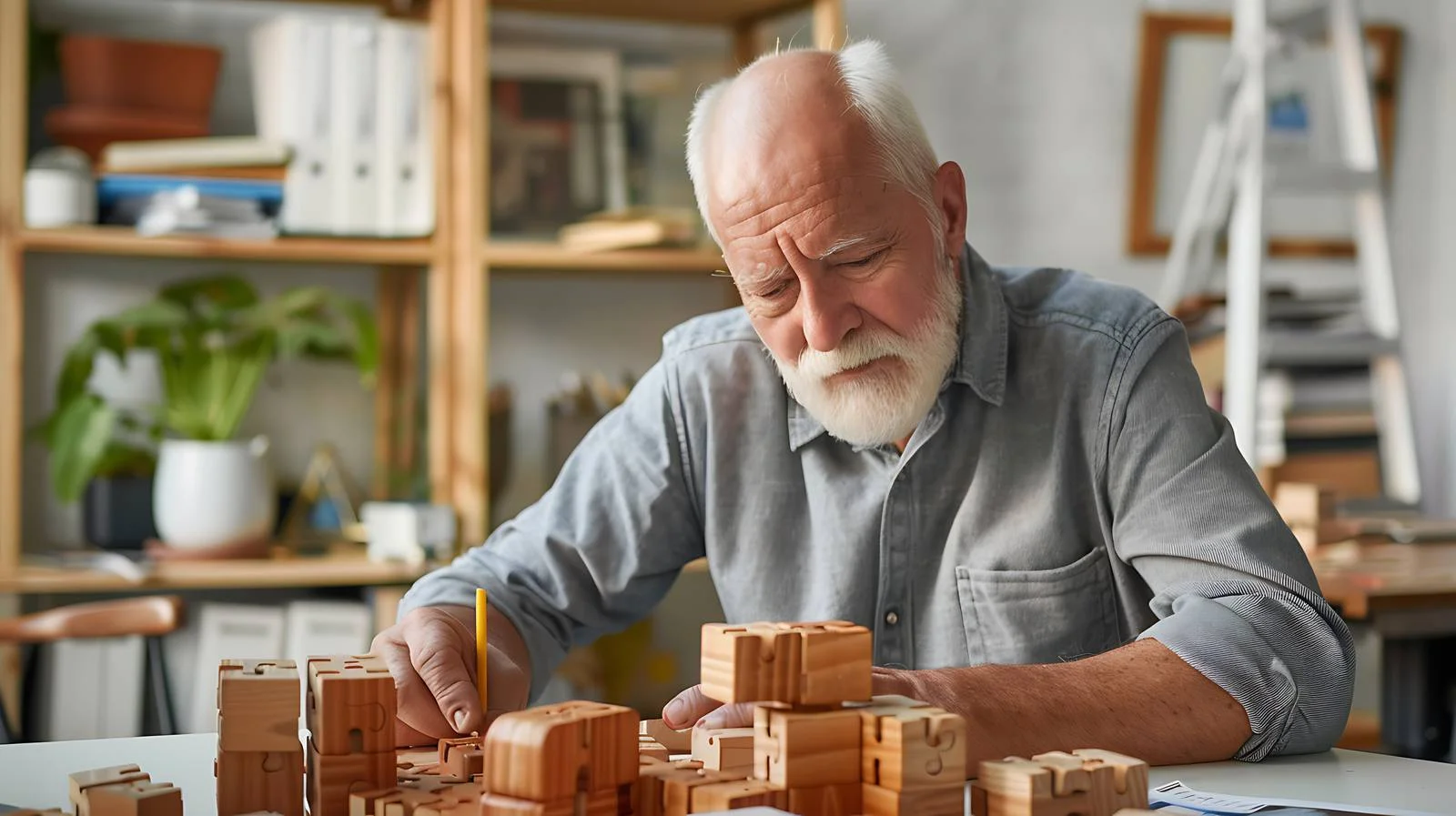 Focused Man Assembling Wooden Cube — free download from Dotvec