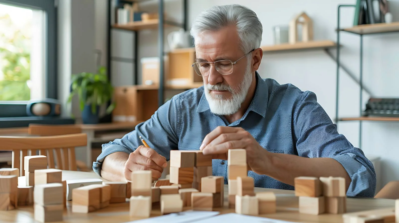Senior man assembling wooden cube at desk – free assembling image from Dotvec