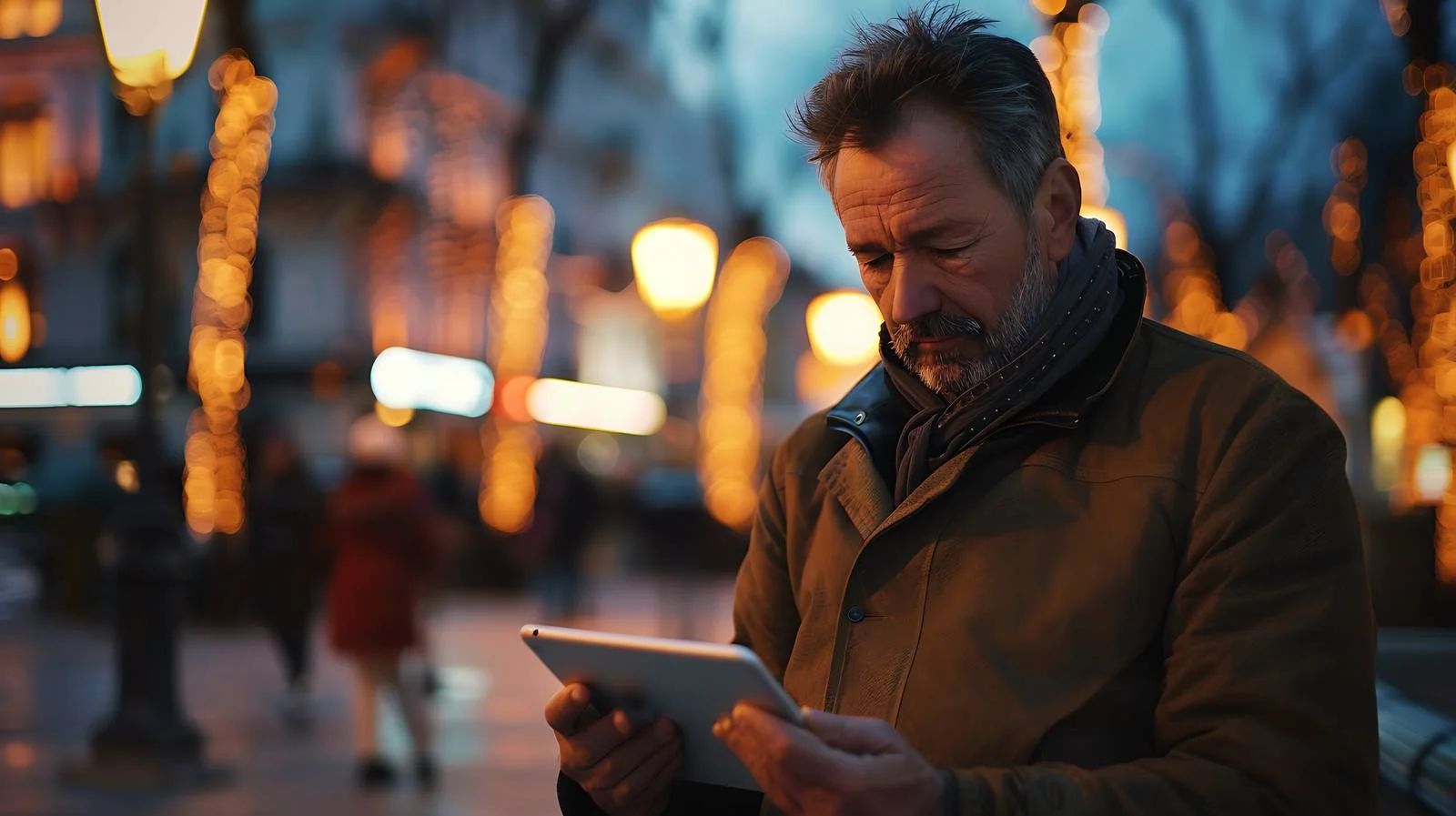 Executive using tablet on seaside at twilight — free download from Dotvec