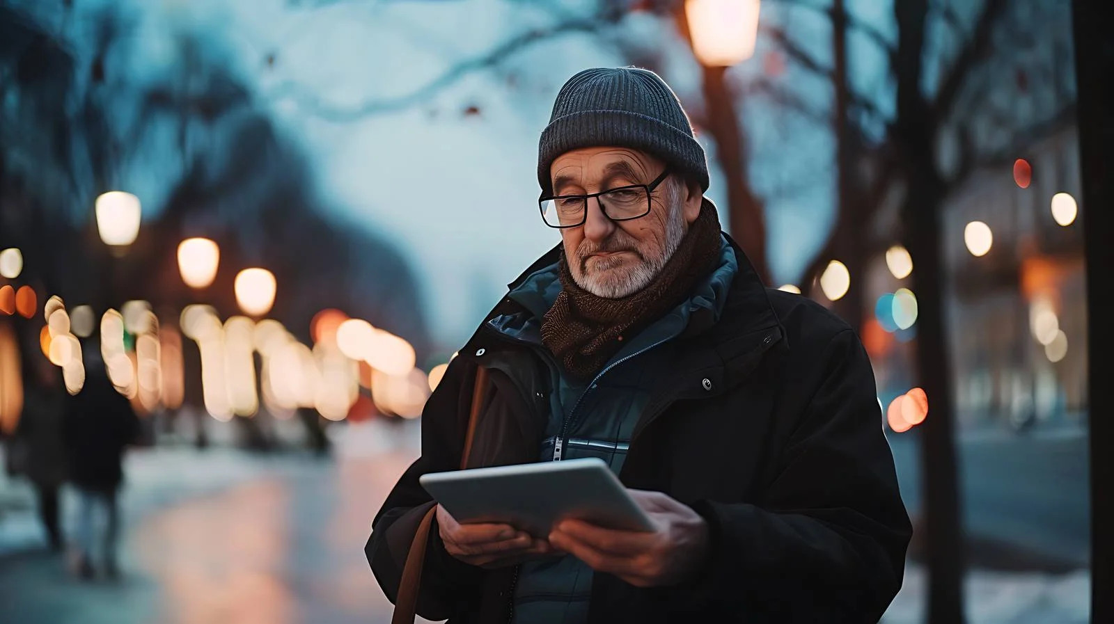 Man Using Tablet on Dusk Promenade — free download from Dotvec