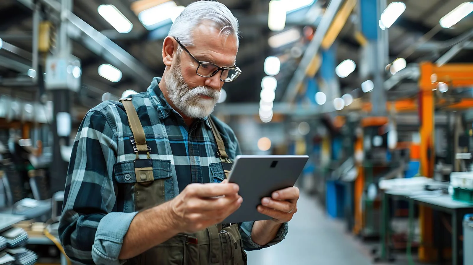 Experienced man using tablet in factory — free download from Dotvec
