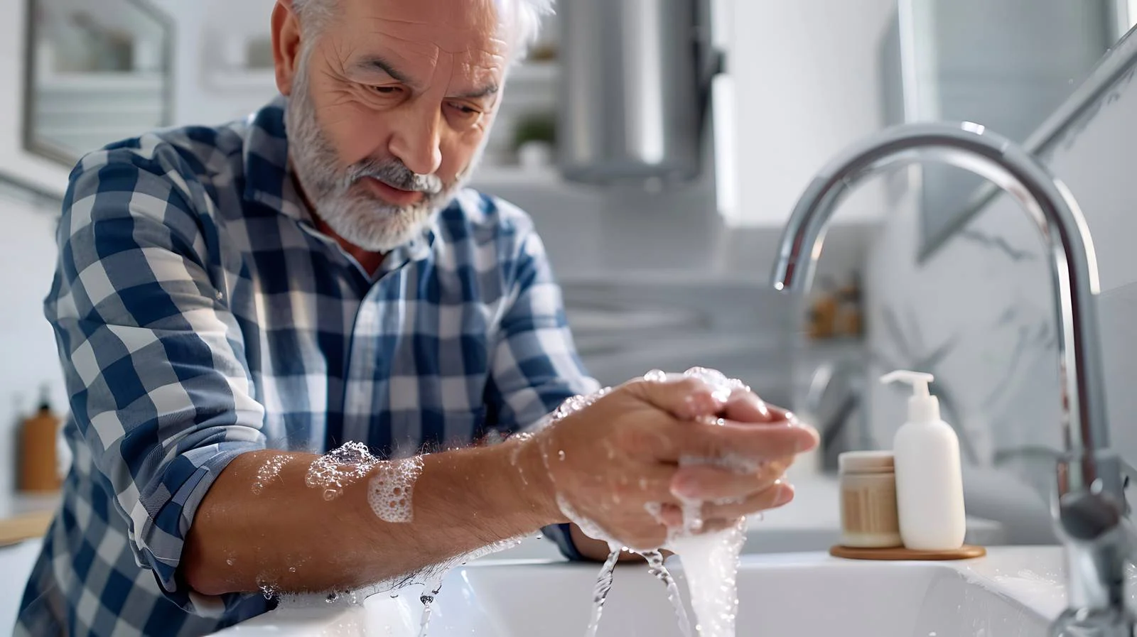 Senior Man Handwashing in Bathroom — free download from Dotvec
