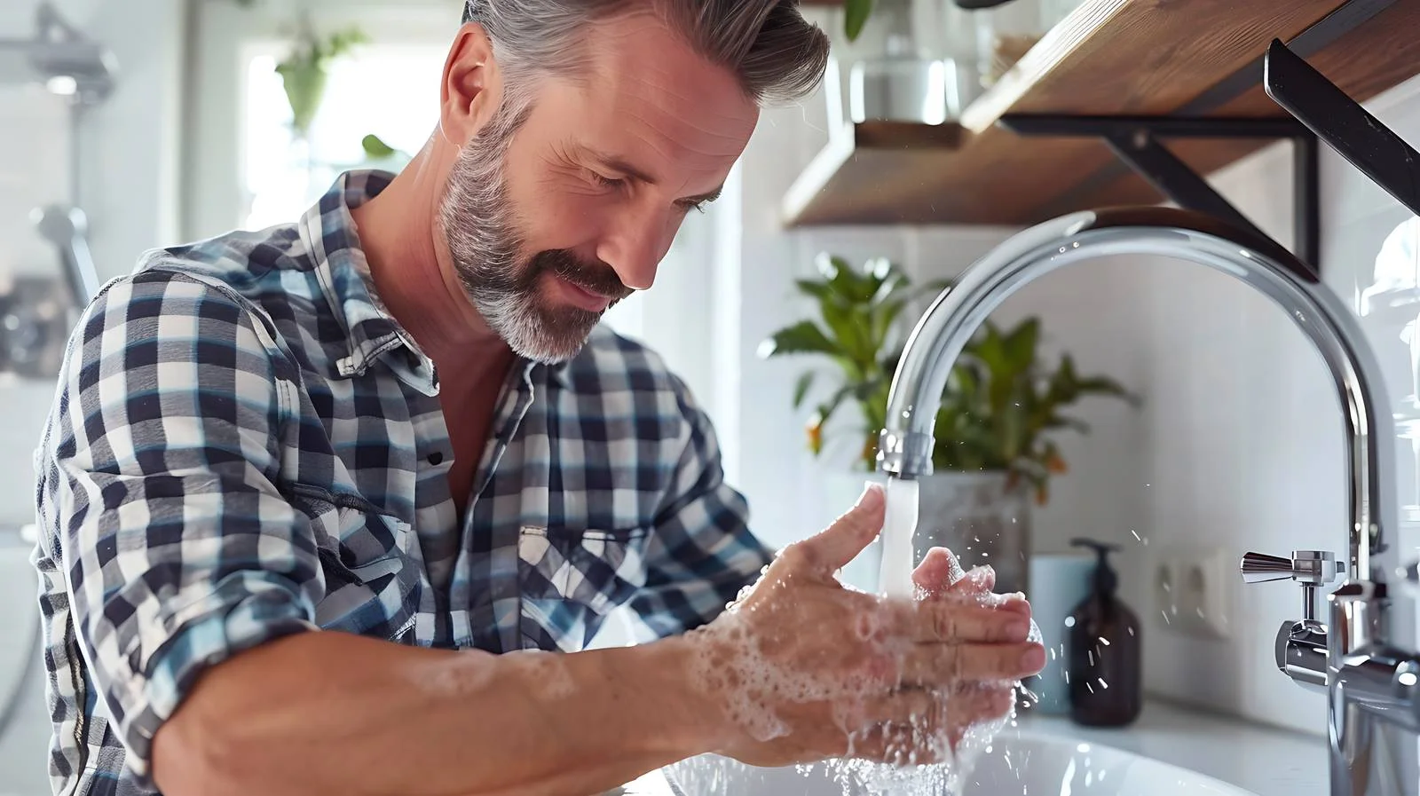 Hygienic mature man washing hands in bathroom — free download from Dotvec