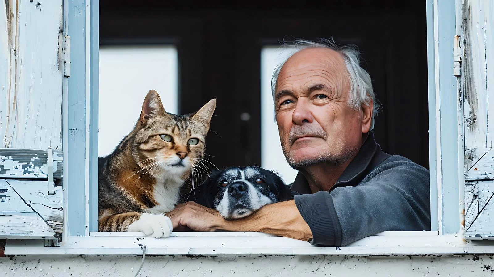 Elderly gentleman with pets by window — free download from Dotvec