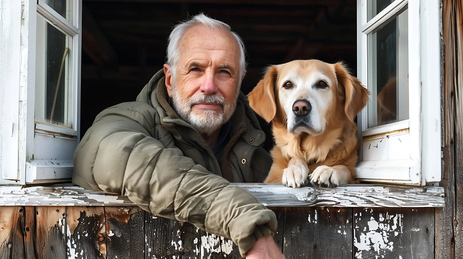 Senior Gentleman with Pet Dog and Cat Peering from Window — free download from Dotvec