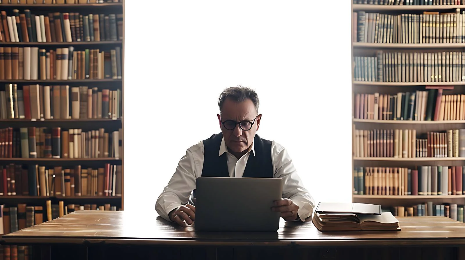 Focused Senior using Laptop in Library — free download from Dotvec