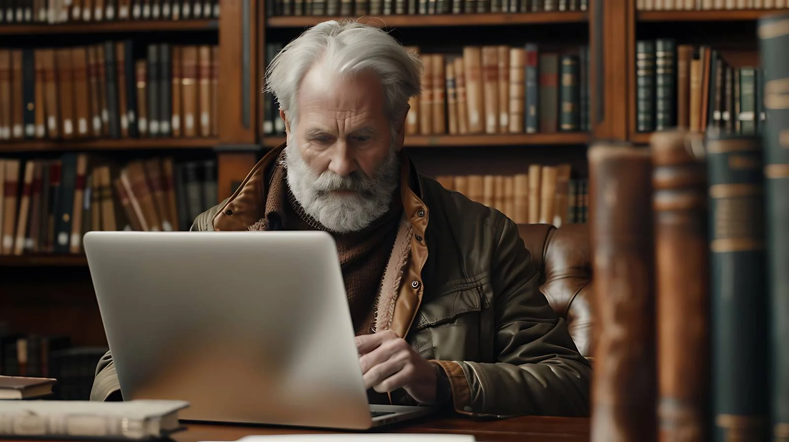 Focused Senior Man Working in Library — free download from Dotvec