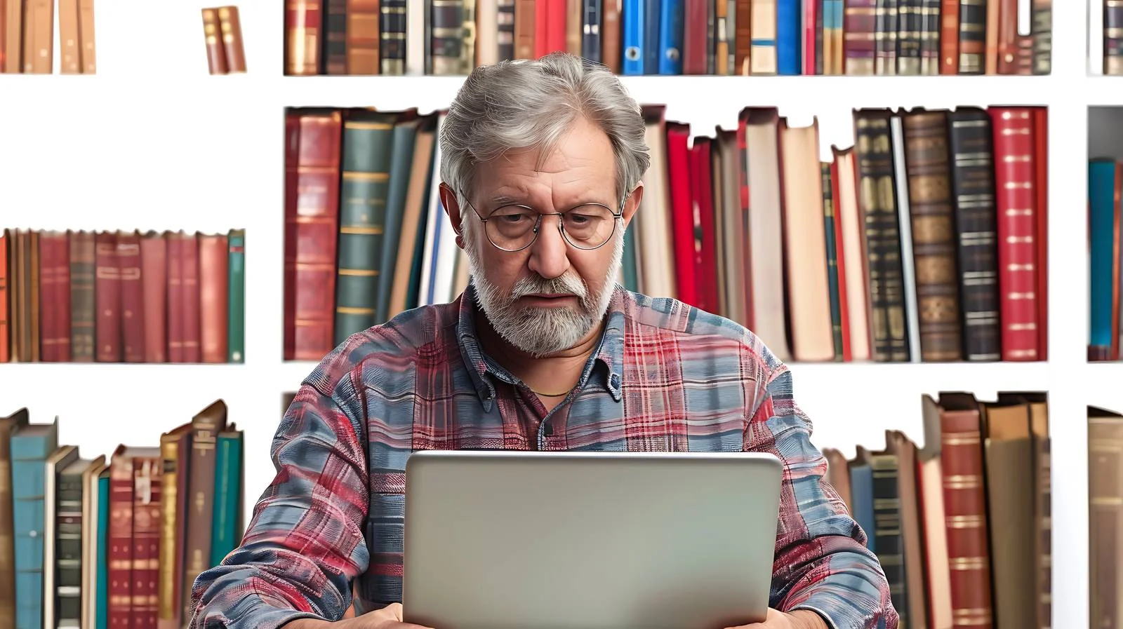Focused Senior at Library Workspace — free download from Dotvec