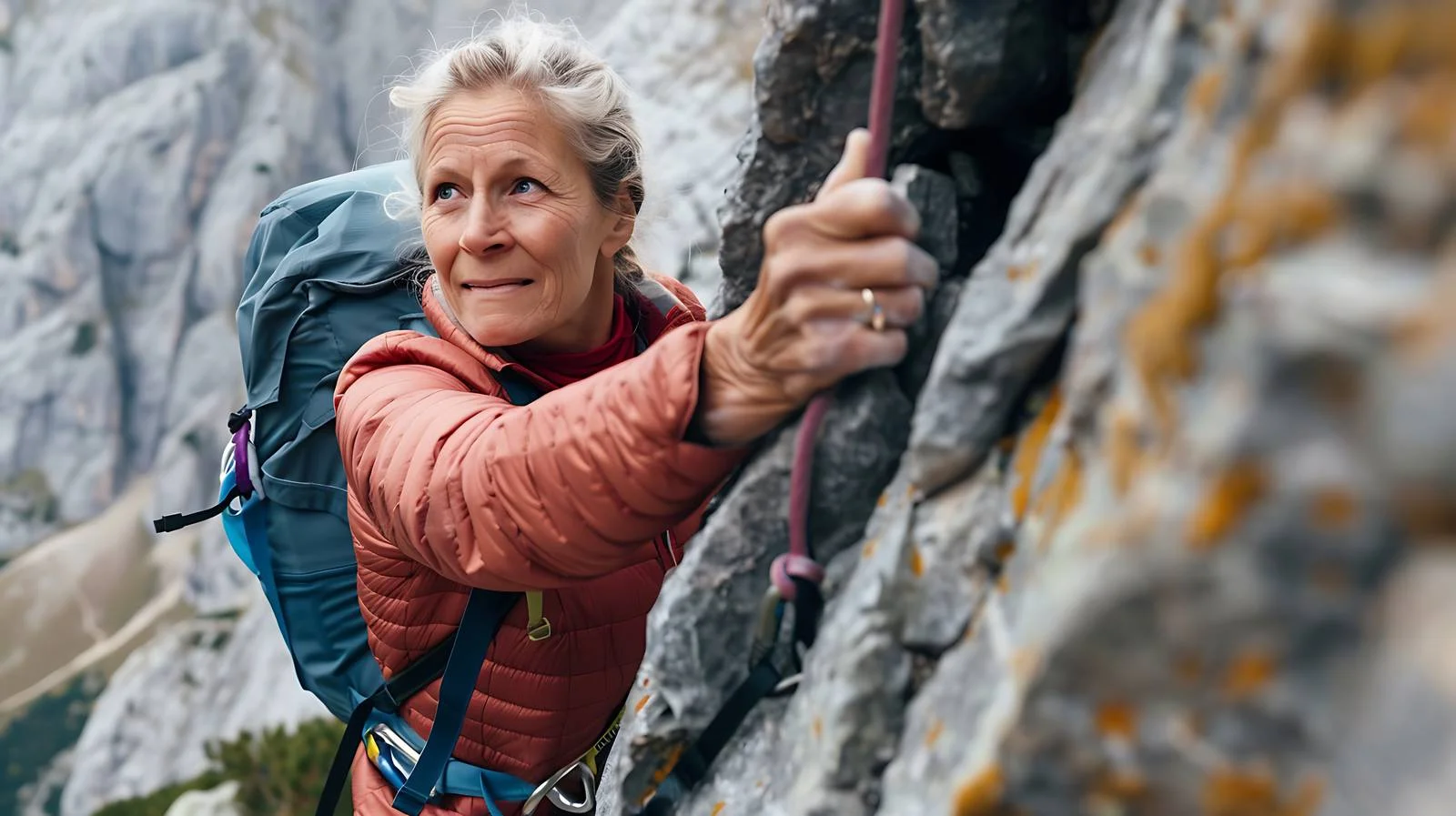 Mature Woman Climbing Alpine Mountain Peak — free download from Dotvec