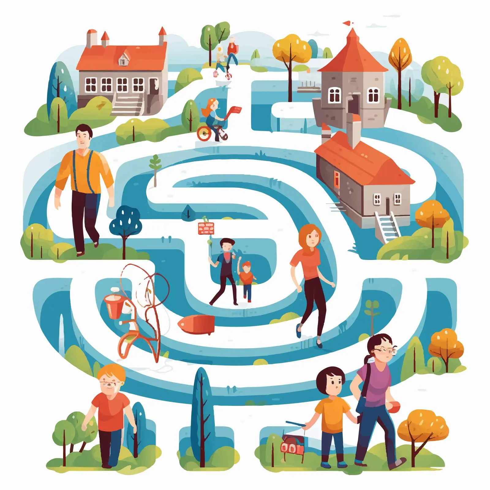Family Maze Game with House Illustration — free download from Dotvec