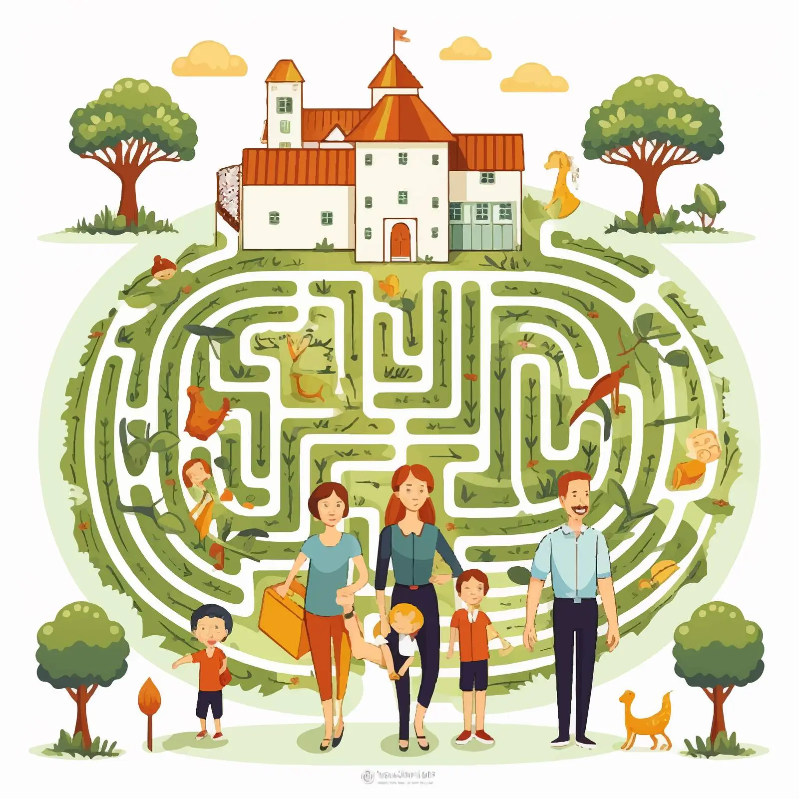 Family Maze Game with House Illustration – free fun for kids image from Dotvec