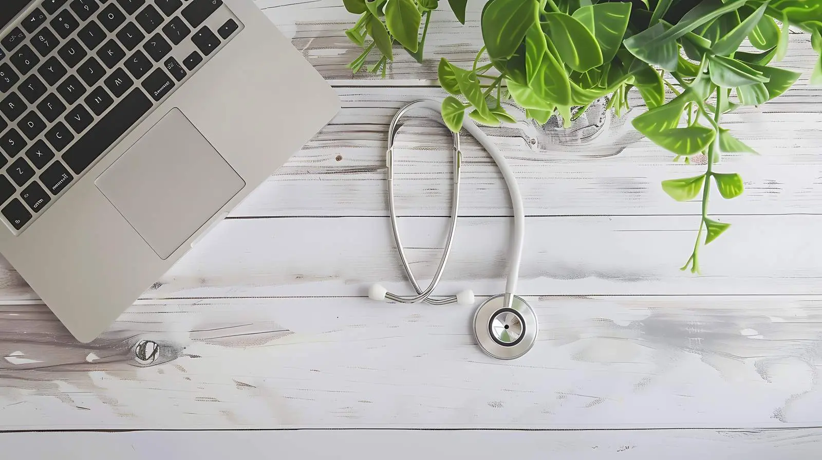 Stethoscope Next to Laptop on Wooden Table — free download from Dotvec