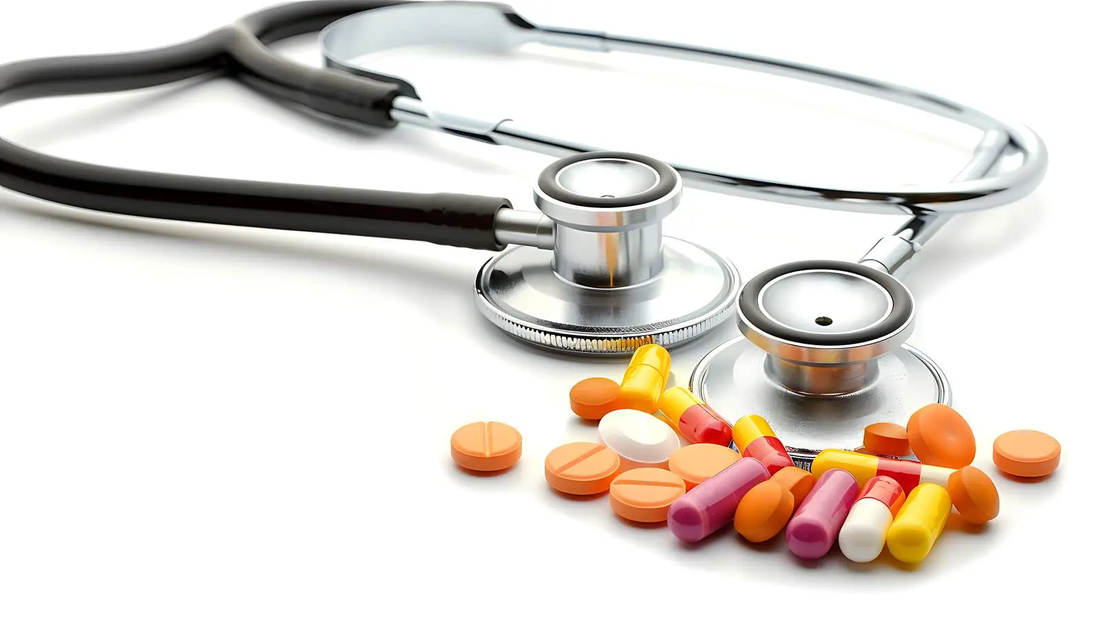 Stethoscope and Pills on White Background – free medical background image from Dotvec