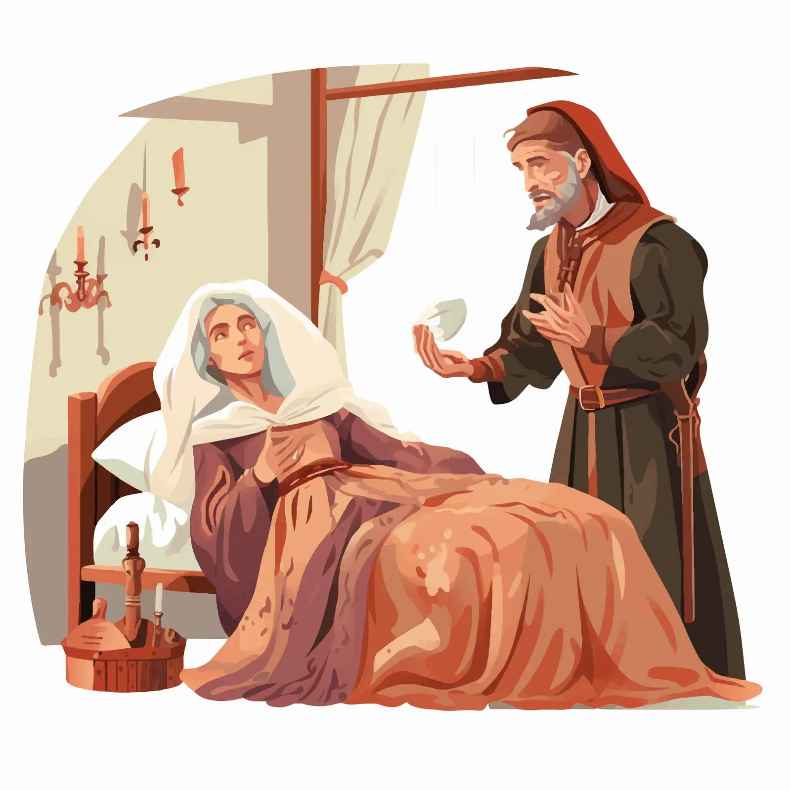 Medieval Doctor Healing Woman in Plague Costume – free historical costume image from Dotvec