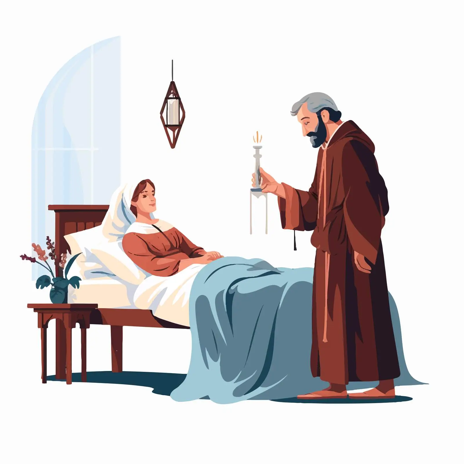 Medieval Doctor Healing Woman in Plague Costume – free historical costume image from Dotvec