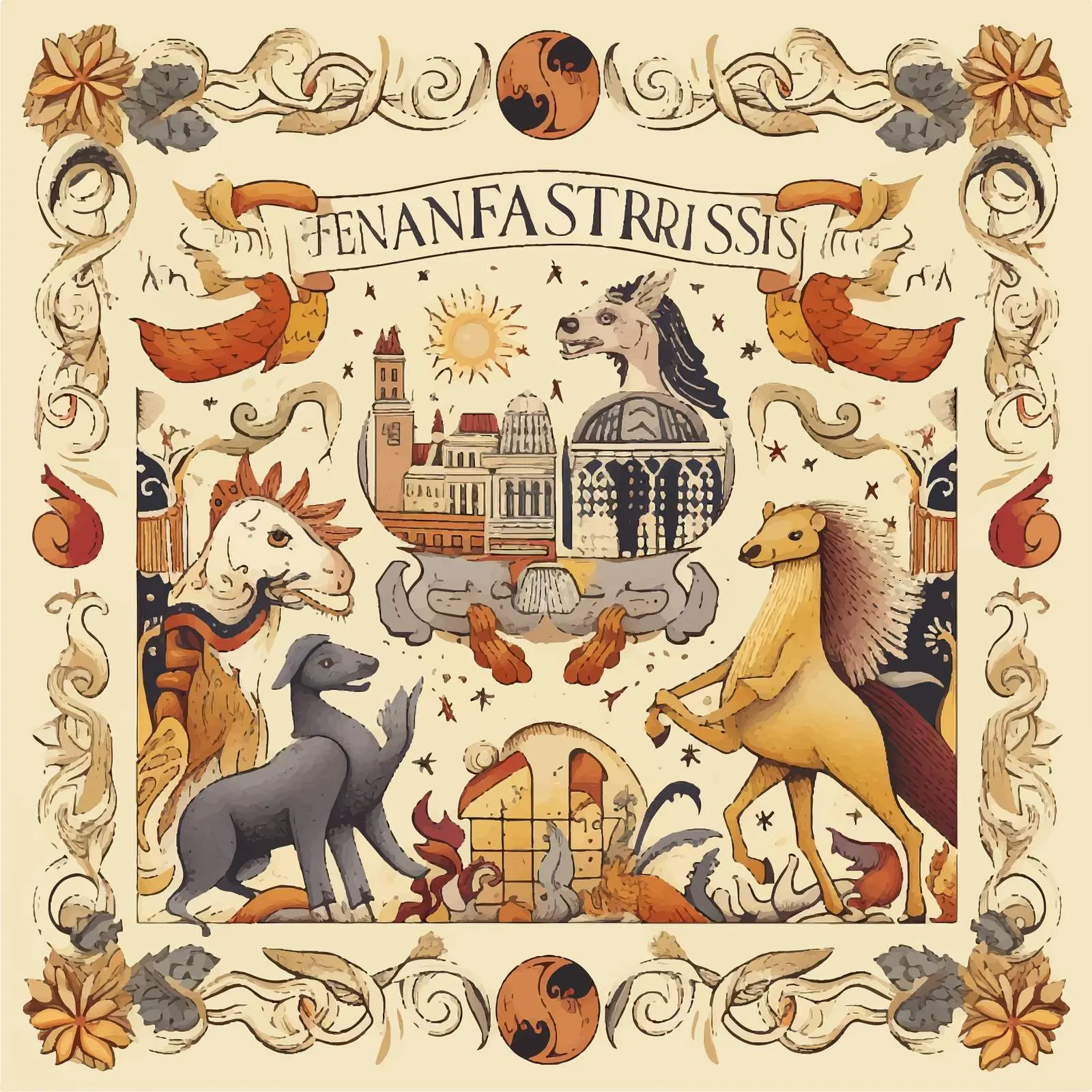 Medieval Fantastic Beasts Illustration Tapestry — free download from Dotvec