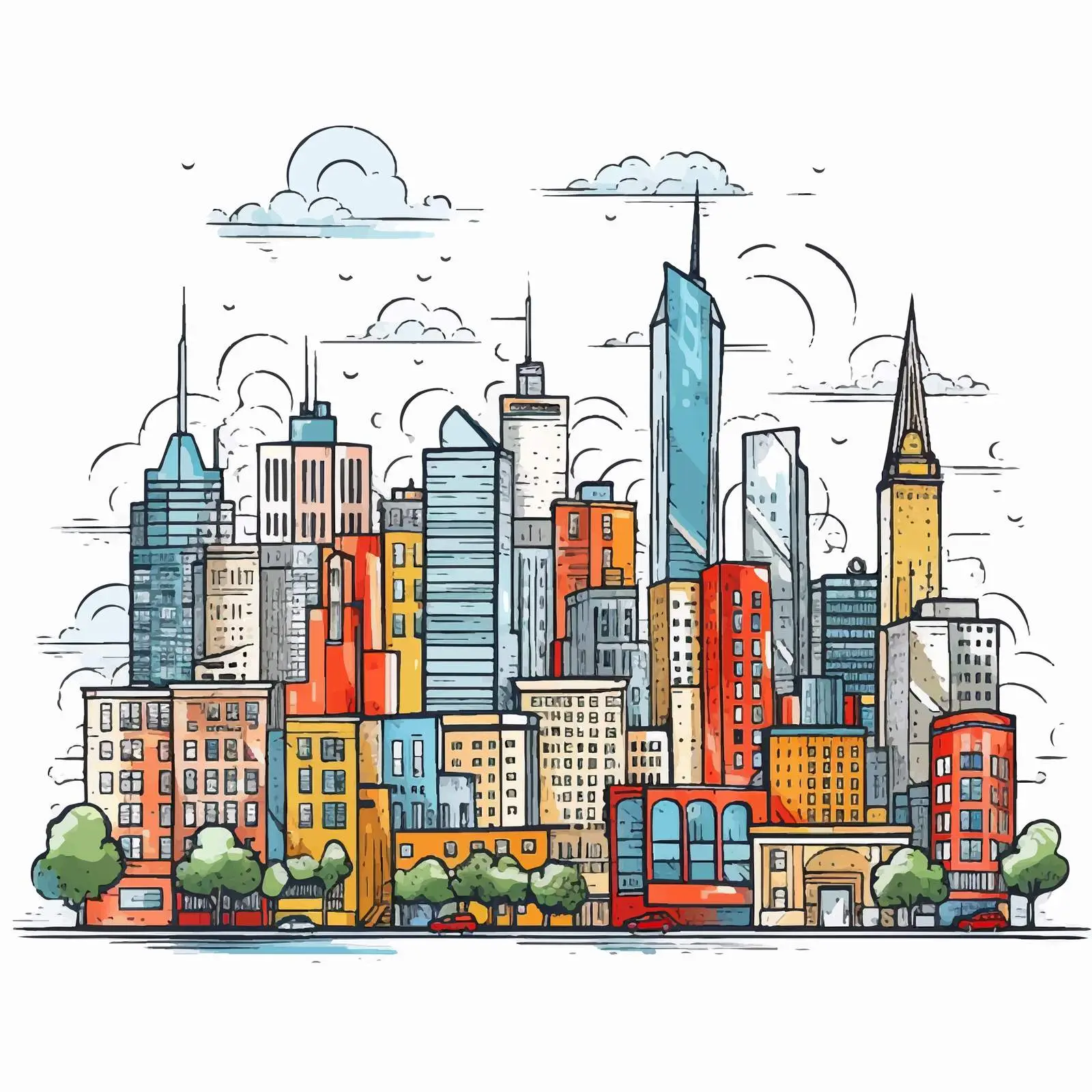 Hand Drawn Colorful Megalopolis City Street Illustration – free public spaces image from Dotvec