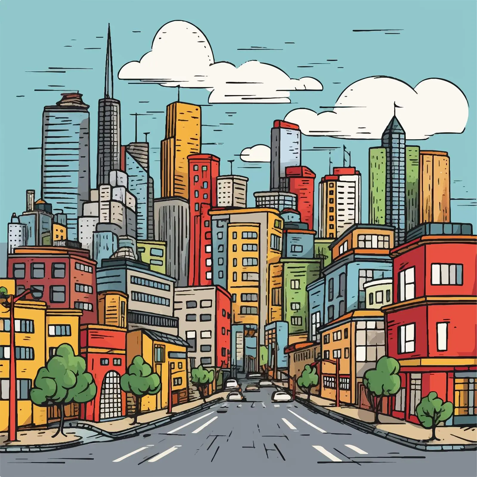 Colorful Hand-Drawn Megalopolis City Street Illustration — free download from Dotvec