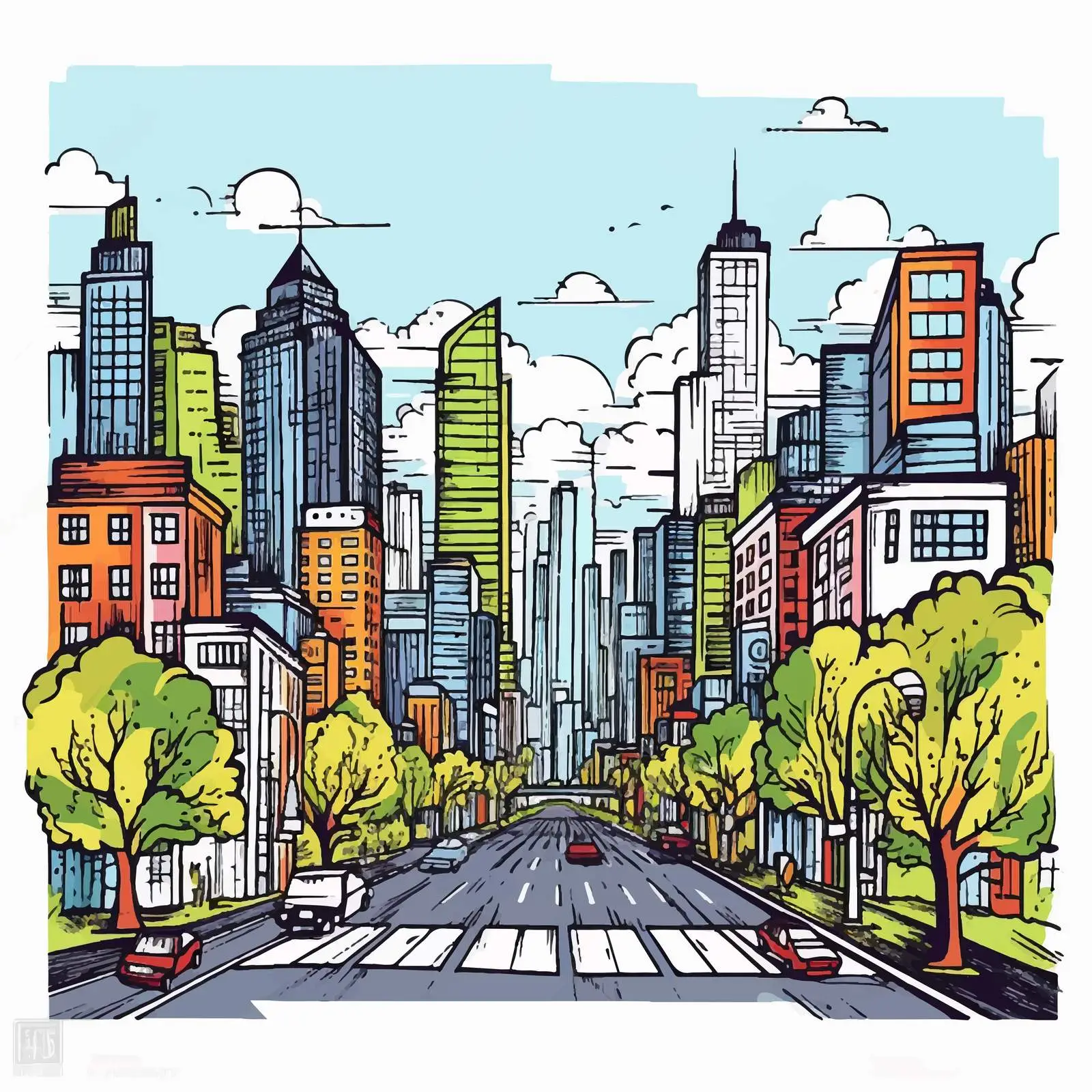 Hand-Drawn Colorful Megalopolis City Street Illustration — free download from Dotvec