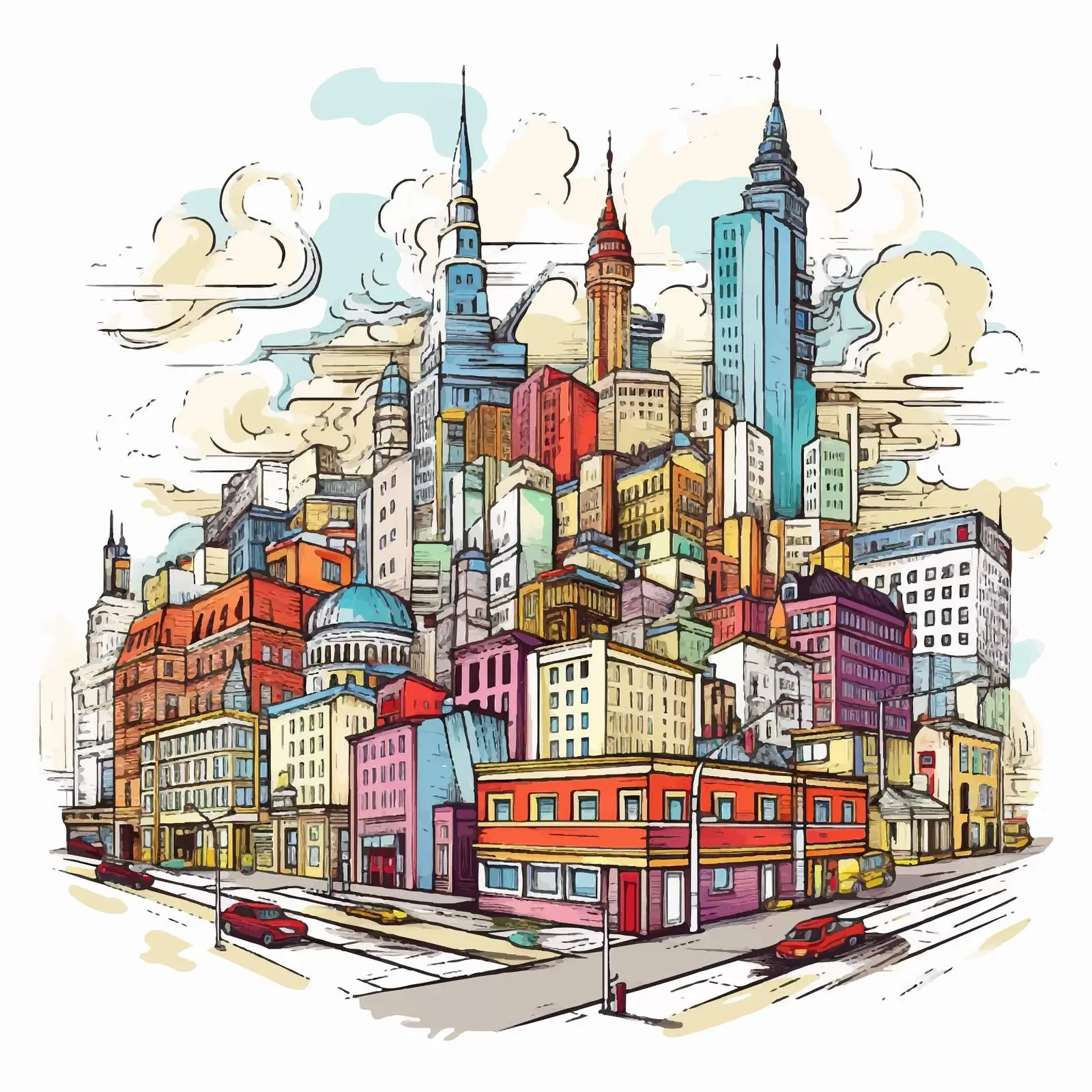Hand-Drawn Megalopolis City Street Illustration — free download from Dotvec