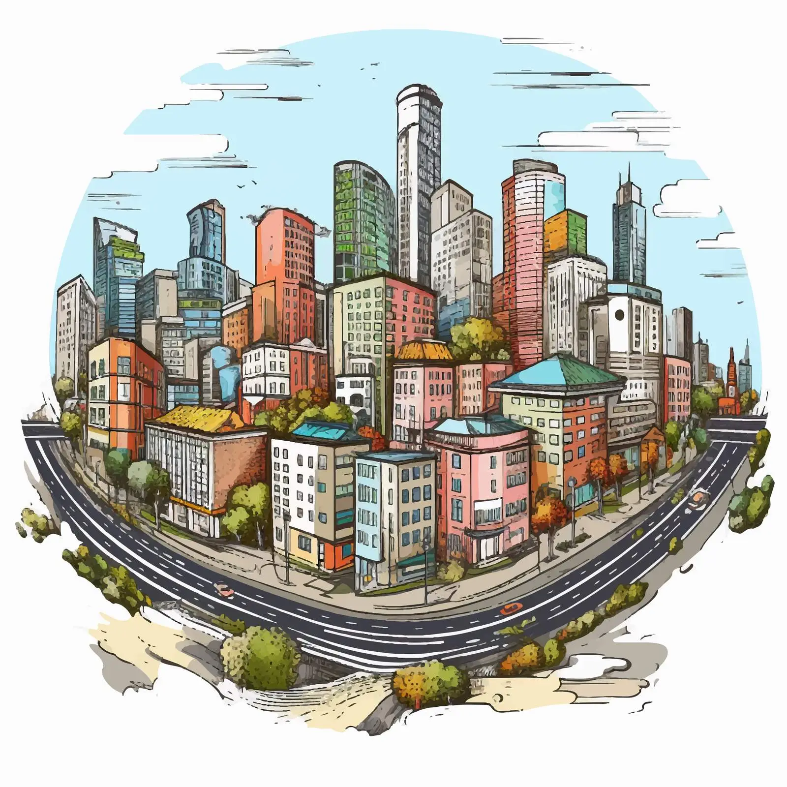 Colorful Hand-Drawn Megalopolis City Street Illustration — free download from Dotvec