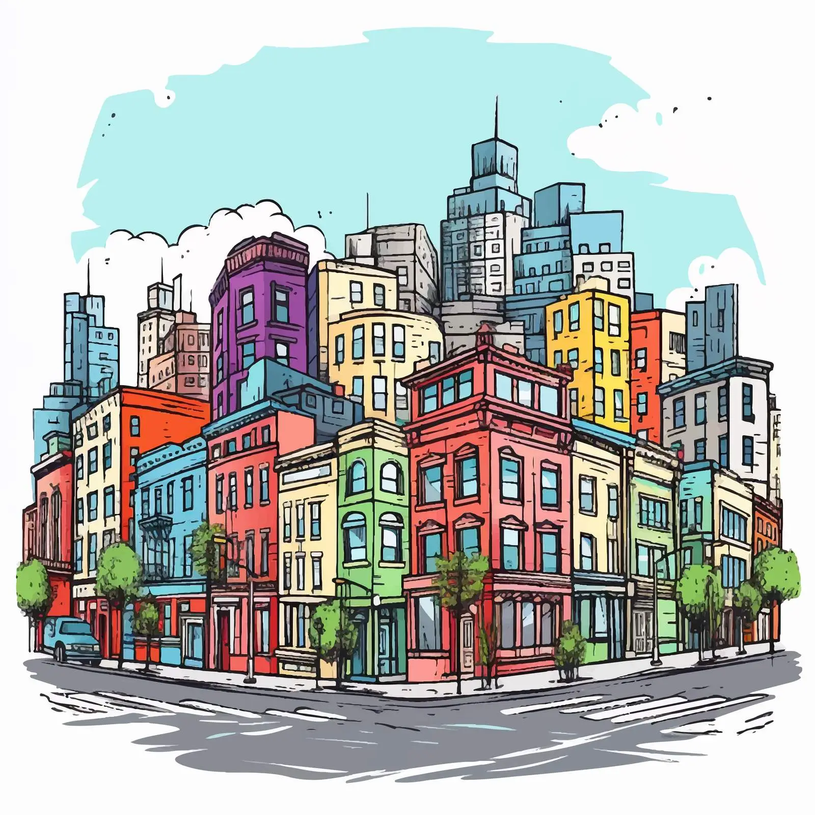 Hand-Drawn Colorful Megalopolis City Street Illustration — free download from Dotvec