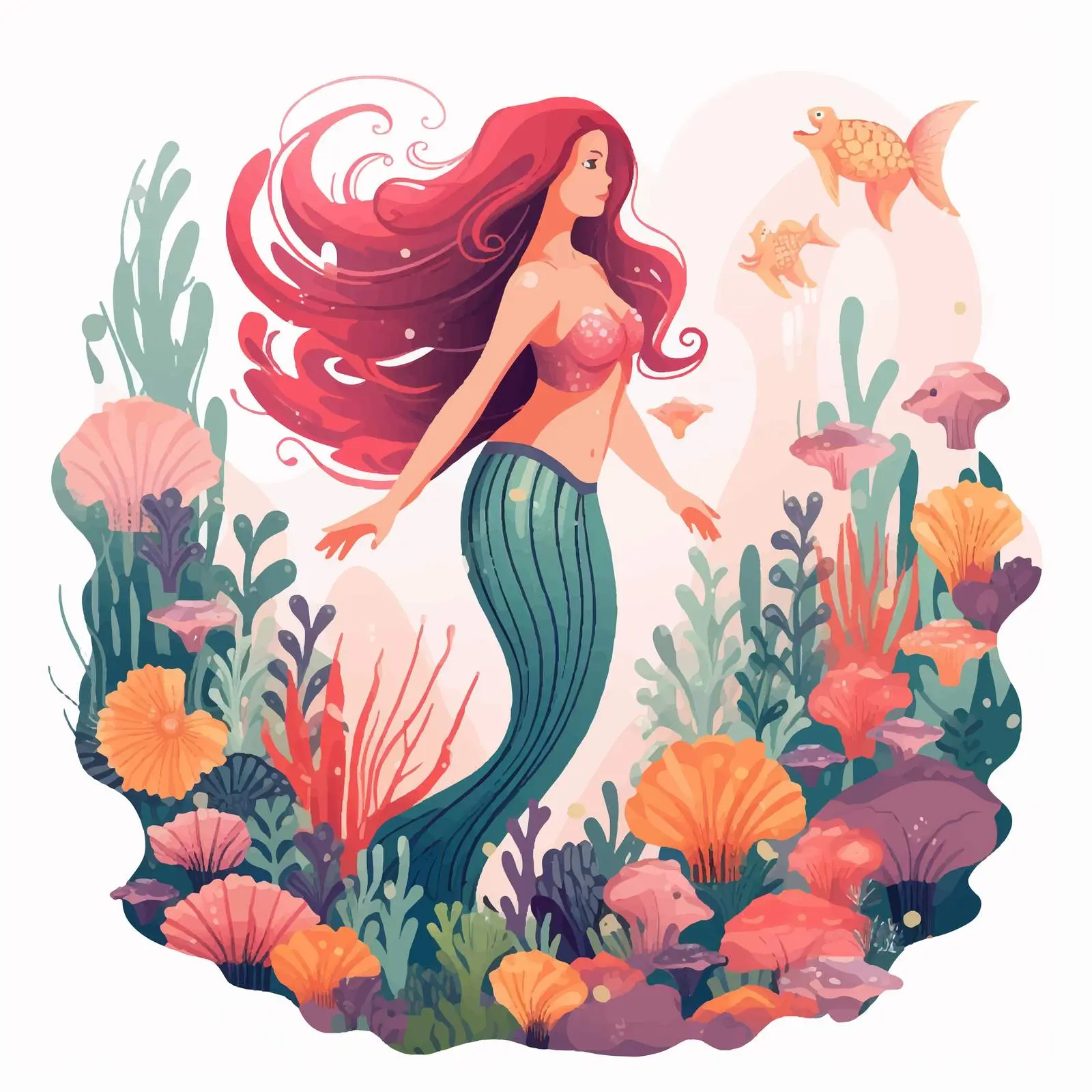 Colorful Mermaid in Coral Reef Illustration — free download from Dotvec