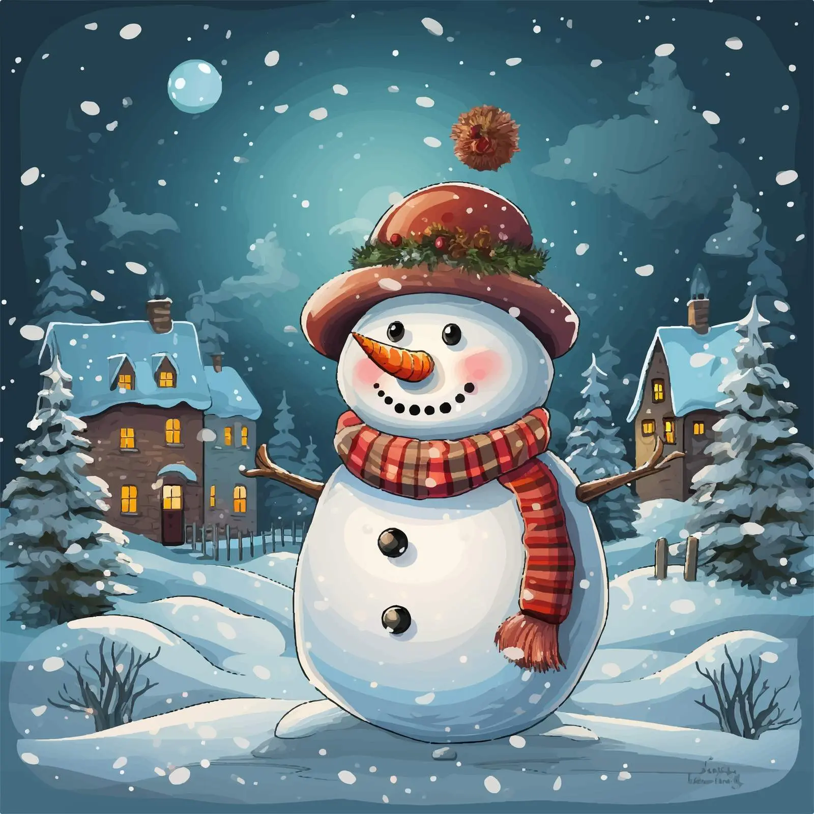 Merry Christmas Poster with Snowman in Snowy Night — free download from Dotvec